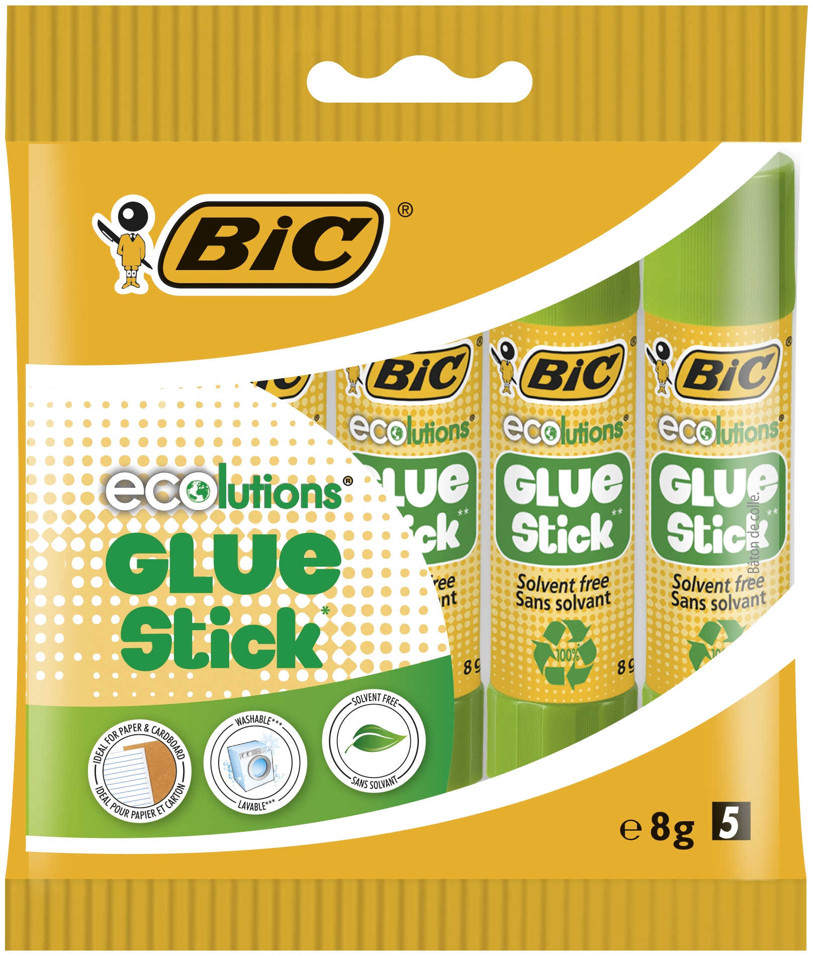 BIC ECOlutions Bâtons de Colle Blanche - 8 g, Pochette de 5