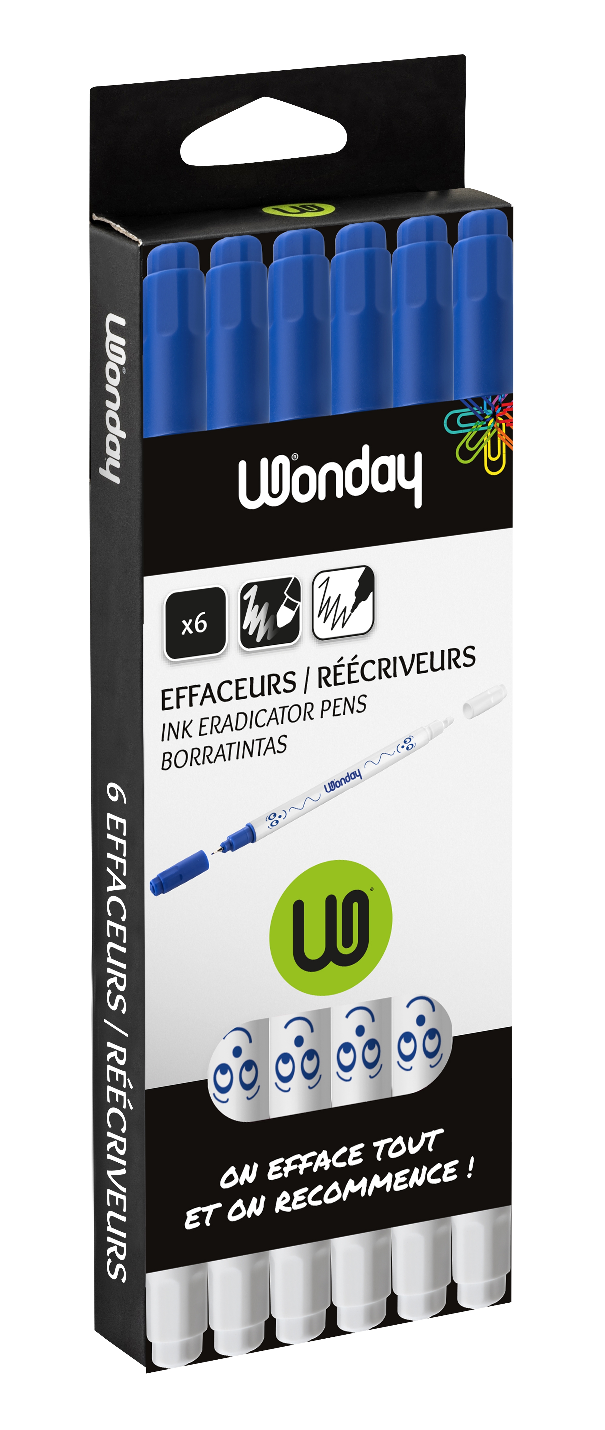 WONDAY Blister de 6 effaceurs réécriveurs, encre Bleue, pointe 1 mm