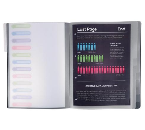 Trieur muni de 3 rabats en 3e de couverture, permettant le rangement de documents.
Fermeture par elastiques pour un transport securis