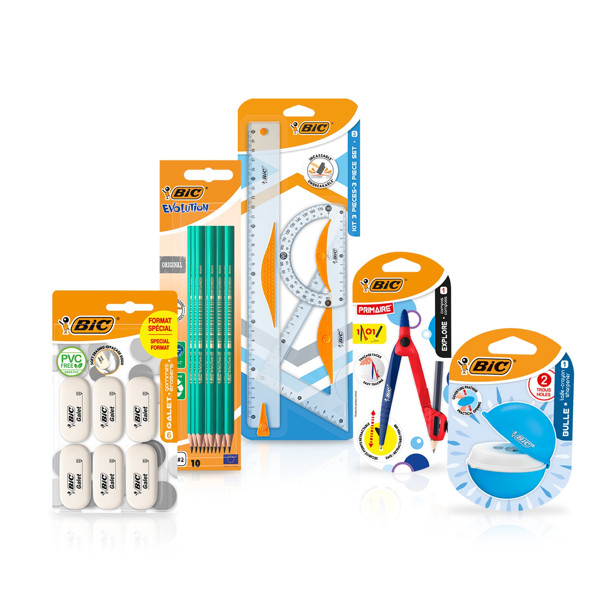 BIC Kit de fournitures scolaires pour écolier avec 1 compas d’apprentissage, 3 instruments de géométrie, 10 crayons graphite, 1 taille-crayon et 6 gommes - Pack de 21