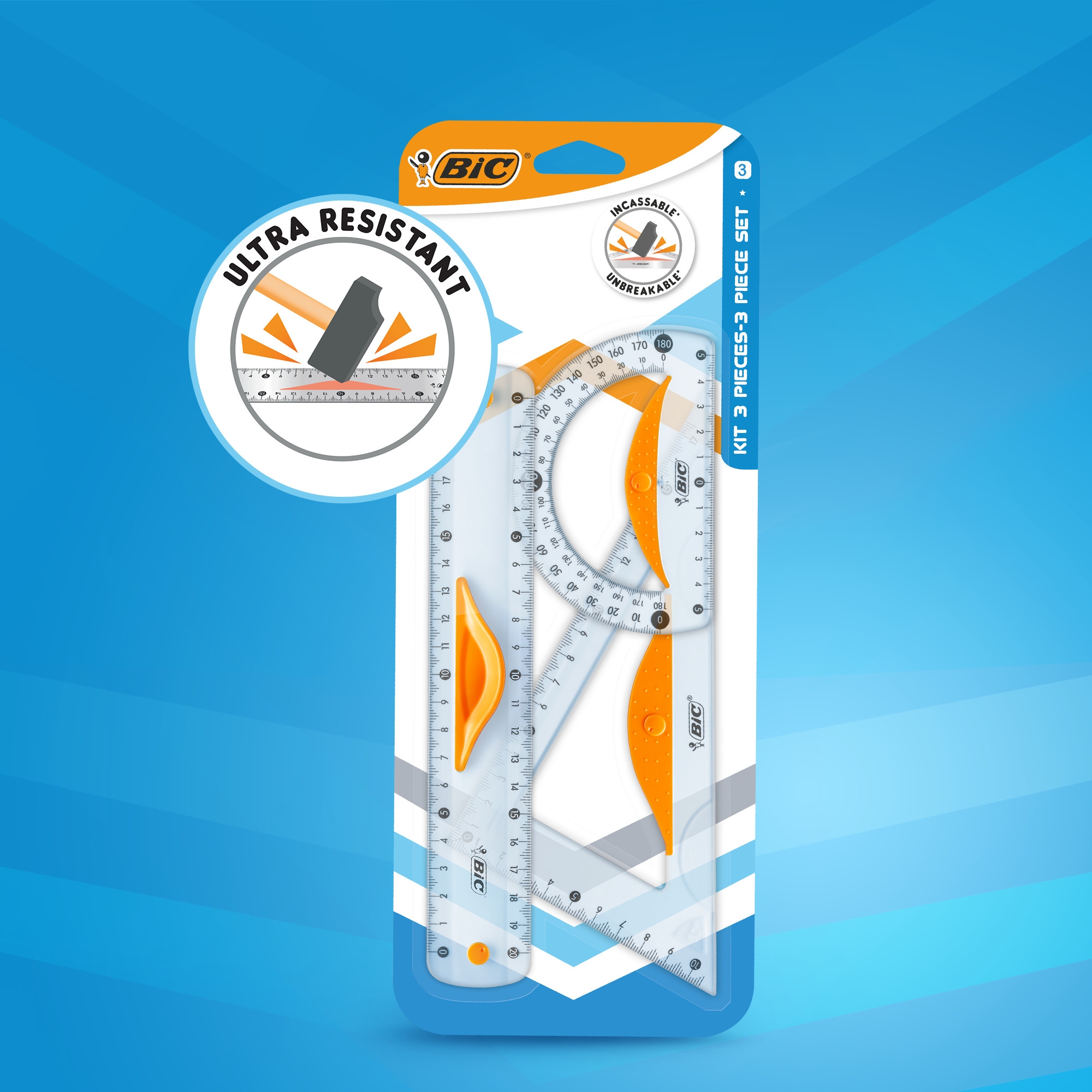 BIC Kit de fournitures scolaires pour écolier avec 1 compas d’apprentissage, 3 instruments de géométrie, 10 crayons graphite, 1 taille-crayon et 6 gommes - Pack de 21