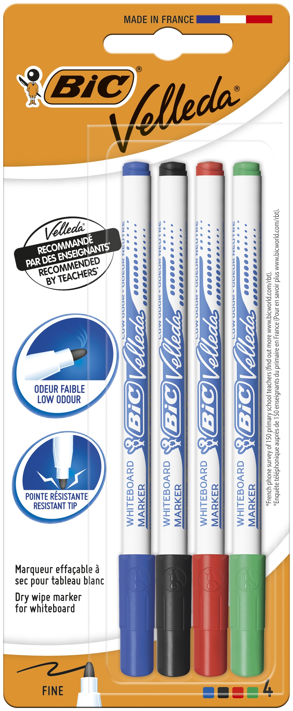 BIC Velleda 1721 Feutres pour Tableau Blanc Effaçables à Sec Pointe Conique Fine - Couleurs Assorties, Blister de 4