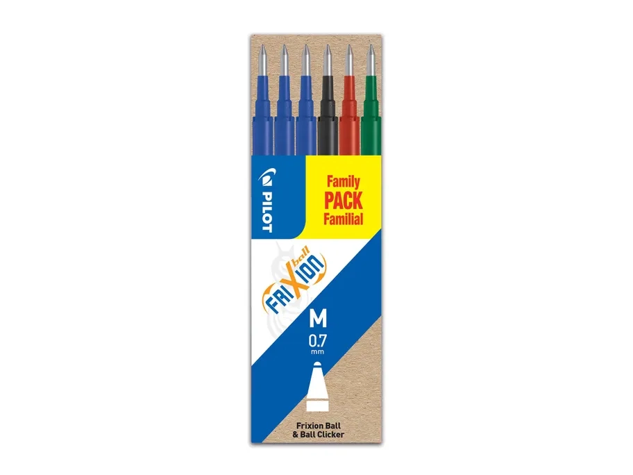 PILOT Set de 6 recharges pour roller FriXion Ball. Pointe moyenne 0,7 mm. Encre gel.