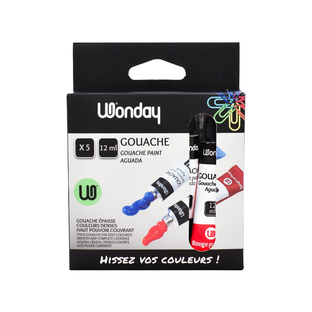 WONDAY Boîte 5 tubes 12 ml gouache couleurs primaire