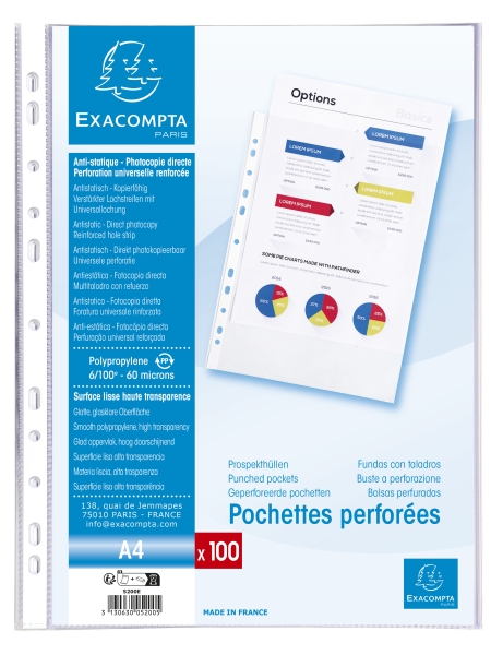 Sachet de 100 pochettes perforées polypropylène lisse 5/100e - A4. 