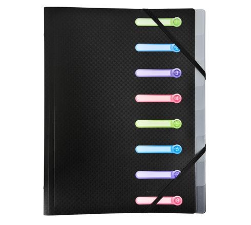 Trieur muni de 3 rabats en 3e de couverture, permettant le rangement de documents.
Fermeture par elastiques pour un transport securis