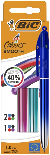 BIC 4 Couleurs Smooth Stylos-Billes Rétractables à Pointe Moyenne (1 mm) avec le corps bleu roi, bleu-vert et Rose dégradé - Couleurs d’Encre Assorties, Pack de 3