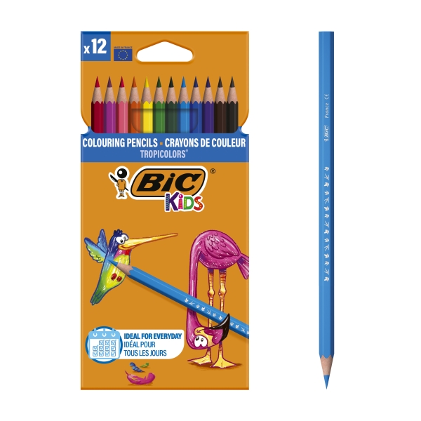 BIC Kids Tropicolors Crayons de Couleur - Coloris Assortis, Etui Carton de 12
