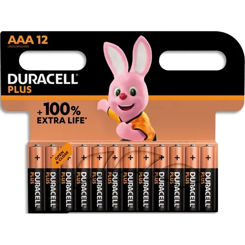 DURACELL Piles alcalines AAA Plus 100%, 1,5V LR03 MN2400, lot de 12 piles