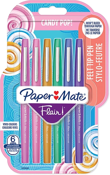 PAPERMATE Blister de 6 stylos feutres Flair Candy Pop. Framboise, (Fraise, Caramel, Vert, Bleu, Raisin)