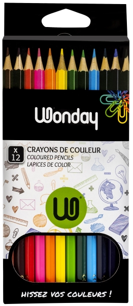 WONDAY Pochette de 12 crayons de couleur assortis. Corps hexagonale