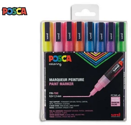 POSCA Etui de 8 marqueurs peinture pailletés, pointe fine 