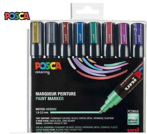 POSCA Etui de 8 marqueurs peinture métallisés, pointe moyenne, couleurs assorties